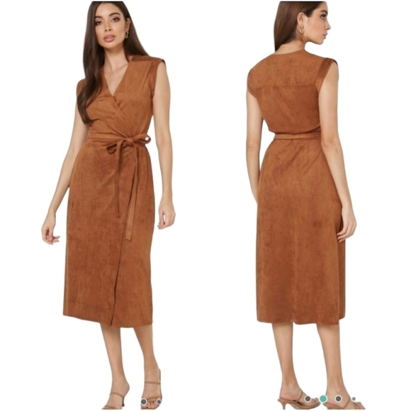 Banana Republic Faux Suede Sleeveless Knee-Length Wrap Dress Sz 2 Petite Brown - Picture 1 of 11